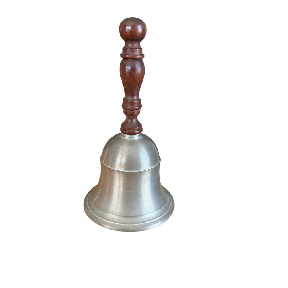Small 5" Pewter Hand Bell Wooden Handle Farmhouse Dinner School Bell Brazil